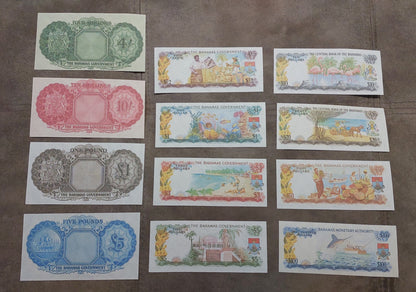 Full lot overview featuring all 12 vintage Bahamas Government banknotes (1953–1974) arranged together.