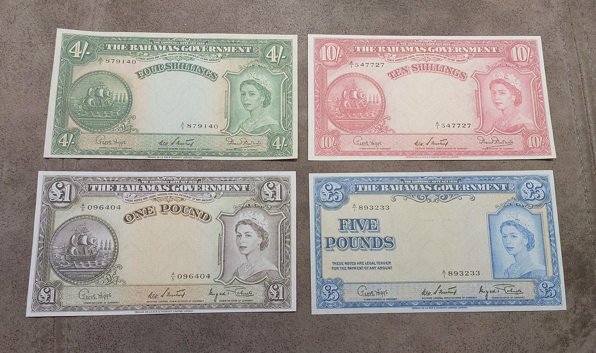 Detailed obverse view of the 1953 Bahamas 4 Shillings paper currency note. 1 Pound 10 Shillings 5 Pounds