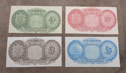 Detailed obverse view of the 1953 Bahamas 4 Shillings paper currency note. 1 Pound 10 Shillings 5 Pounds back