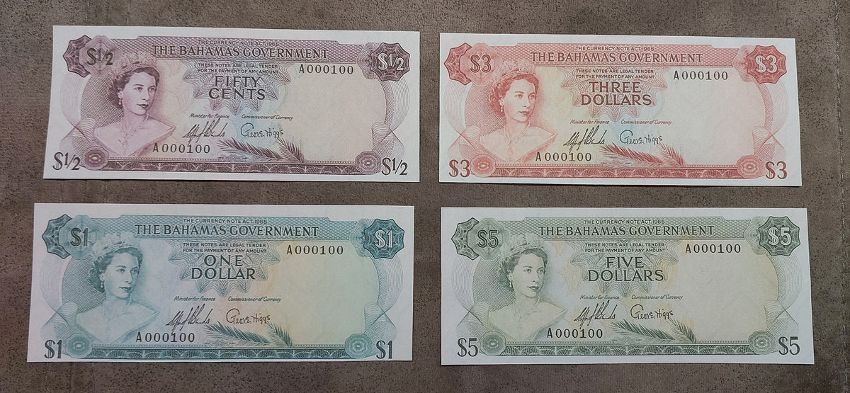 Detailed obverse view of the 1965 Bahamas 1/2 Pound paper currency note 1 Pound 3 Pounds 5 Pounds