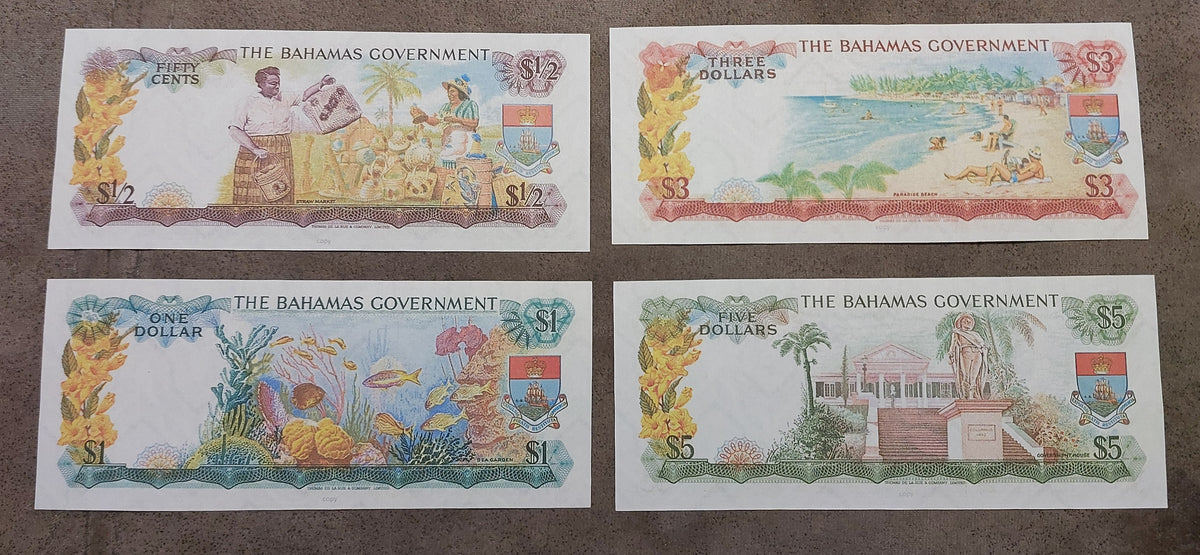 Detailed obverse view of the 1965 Bahamas 1/2 Pound paper currency note 1 Pound 3 Pounds 5 Pound back