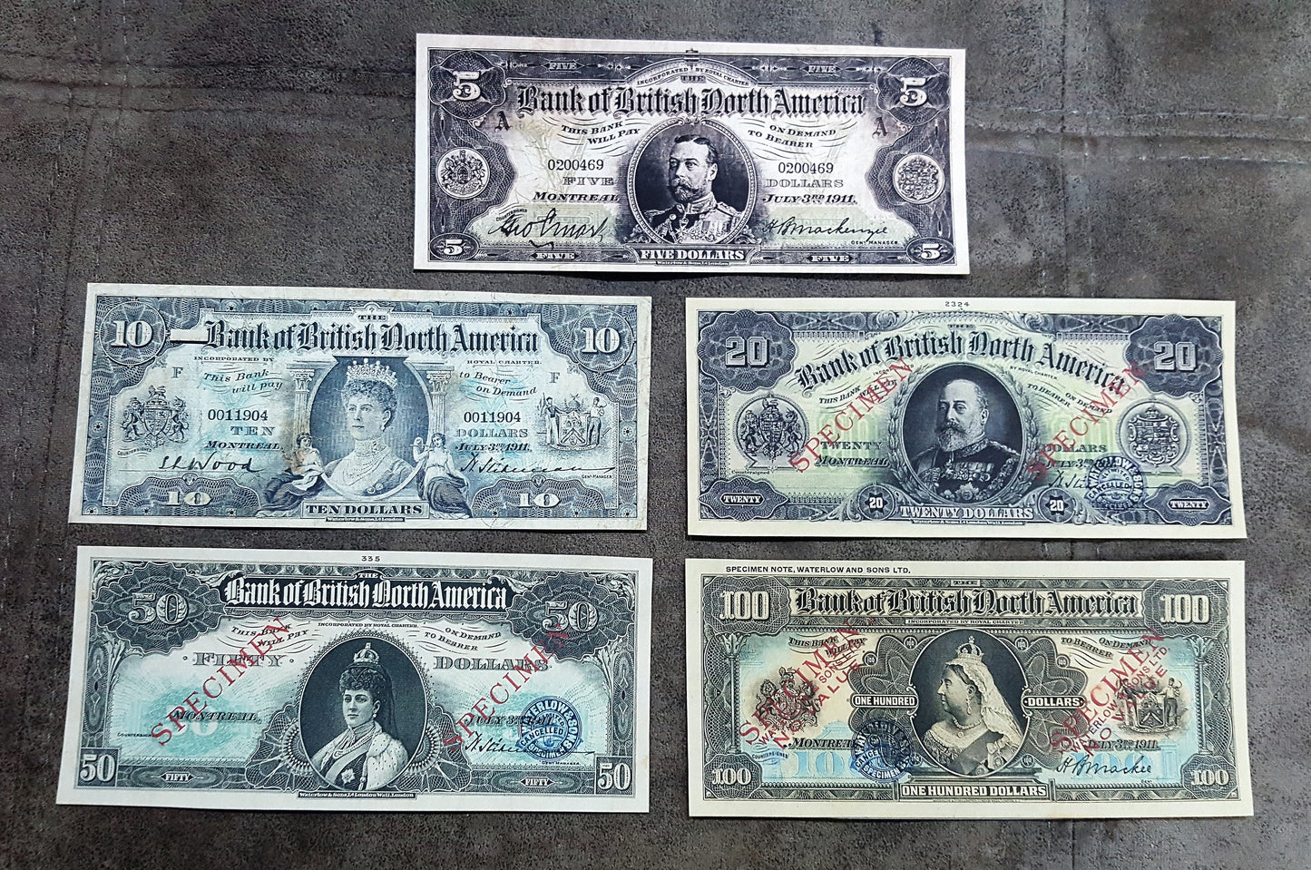 Bank of British North America 1911 Series 10, 20, 50 and 100 Dollar High Denomination Specimen Notes