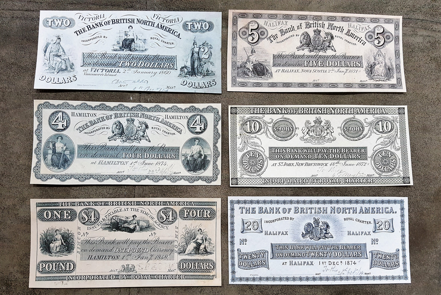 Bank of British North America 4 Dollar 1848 Specimen, 2 Dollar 1860 & 1871-1872 Notes