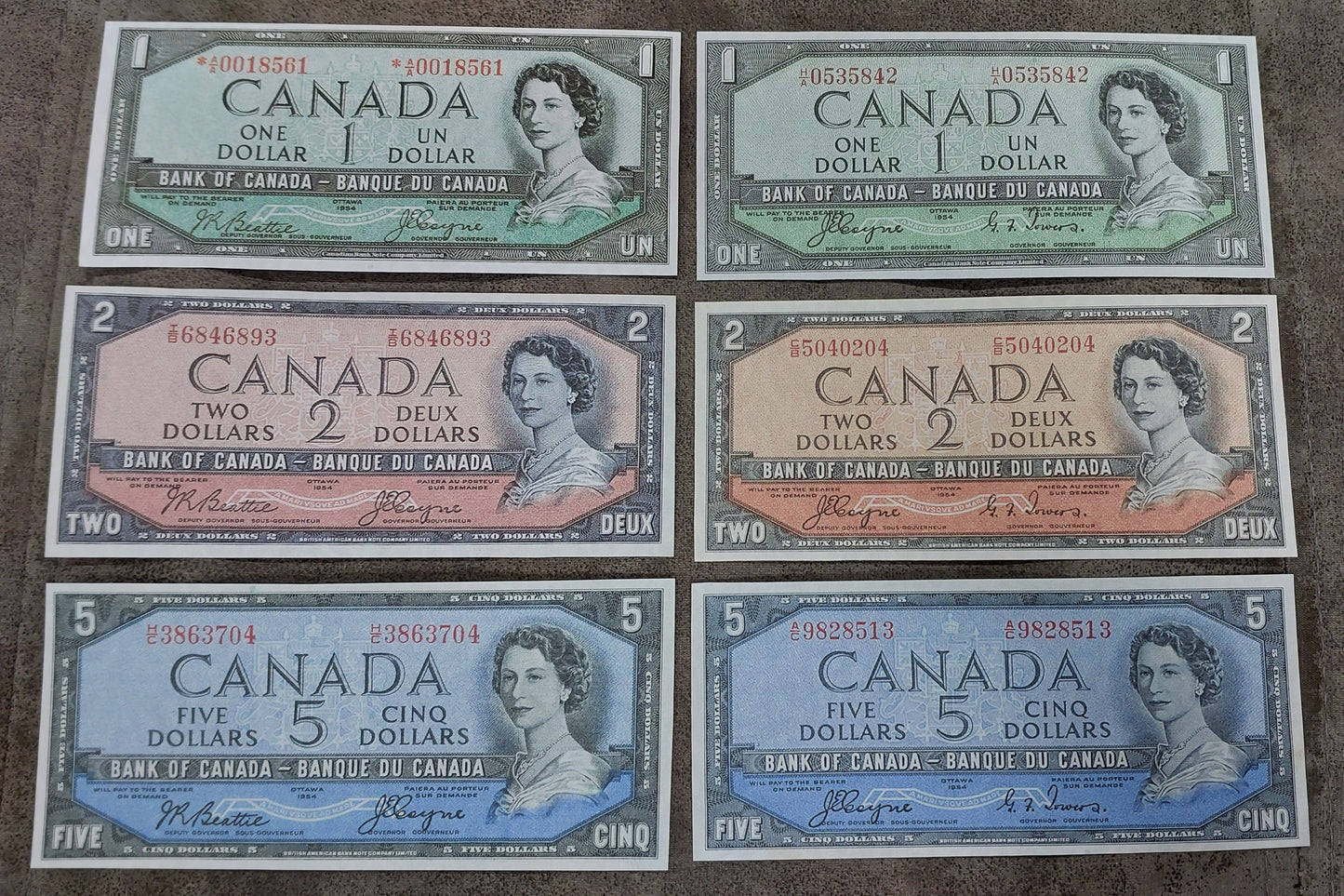 Bank of Canada 1, 2 and 5 Dollar 1954 Devil's Face Notes Type A Beattie-Coyne & Type B Coyne-Towers