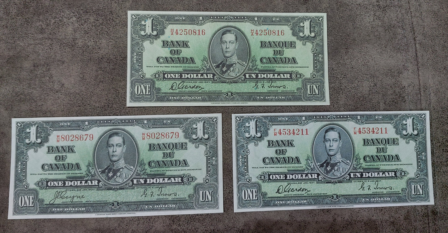 Bank of Canada 1 Dollar 1837 Notes Gordon-Towers Narrow & Wide Panel and Coyne-Towers