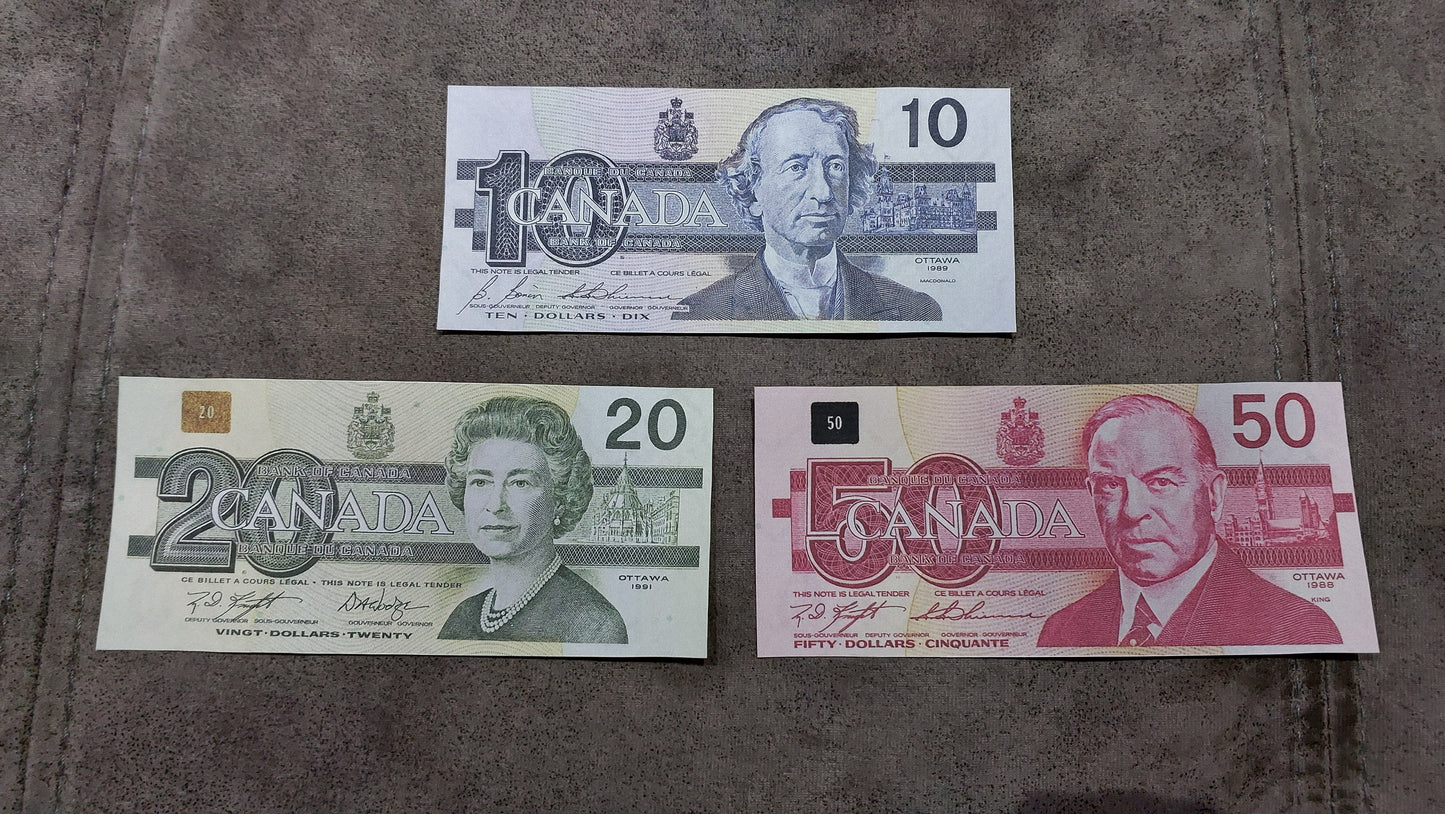 Bank of Canada 10, 20 and 50 Dollar Treasury Numismatic Collection 1986-1991