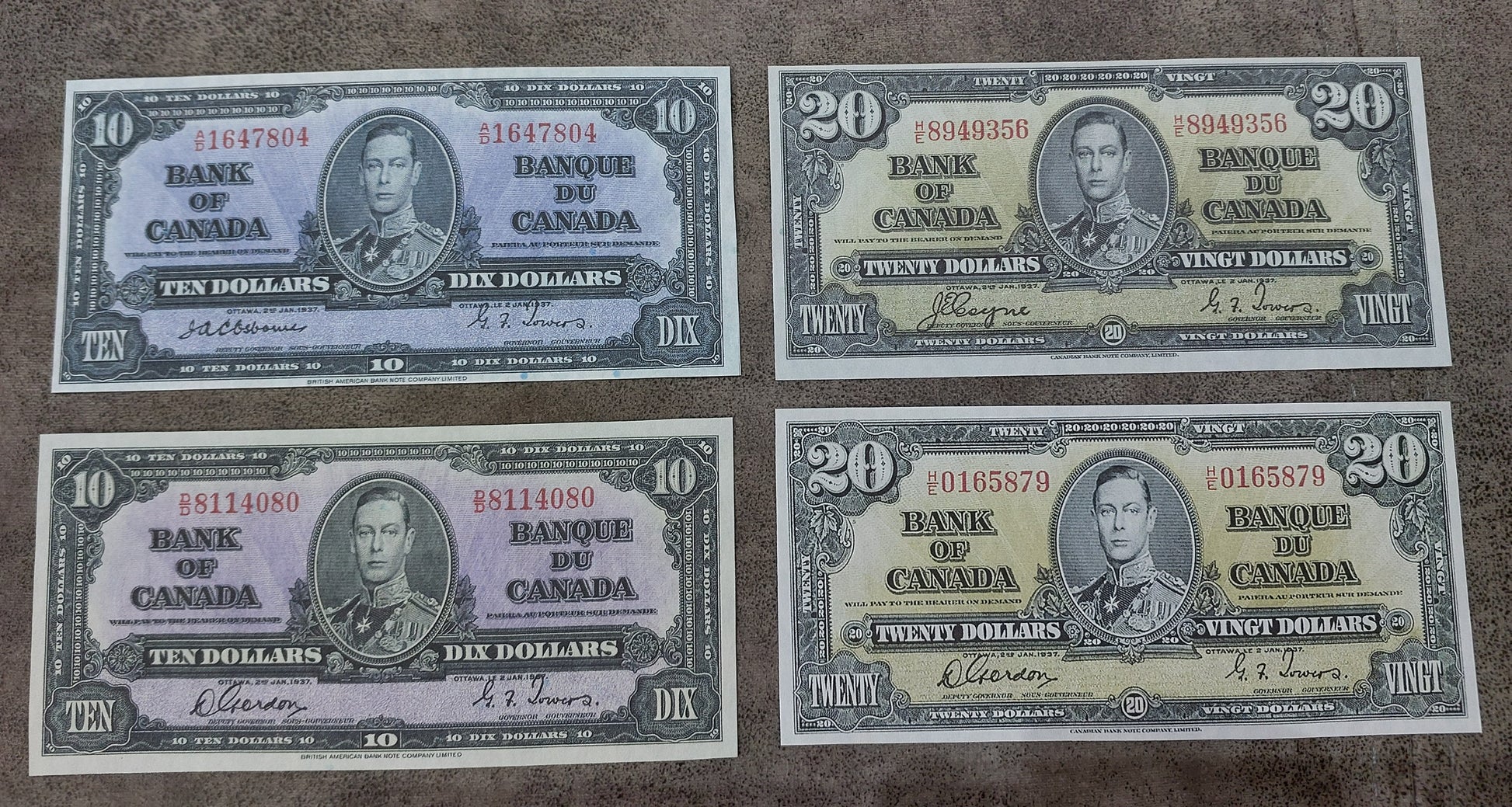 Bank of Canada10,  20 Dollar 1937 Notes Osborne-Towers and Coyne-Towers Signature Varieties