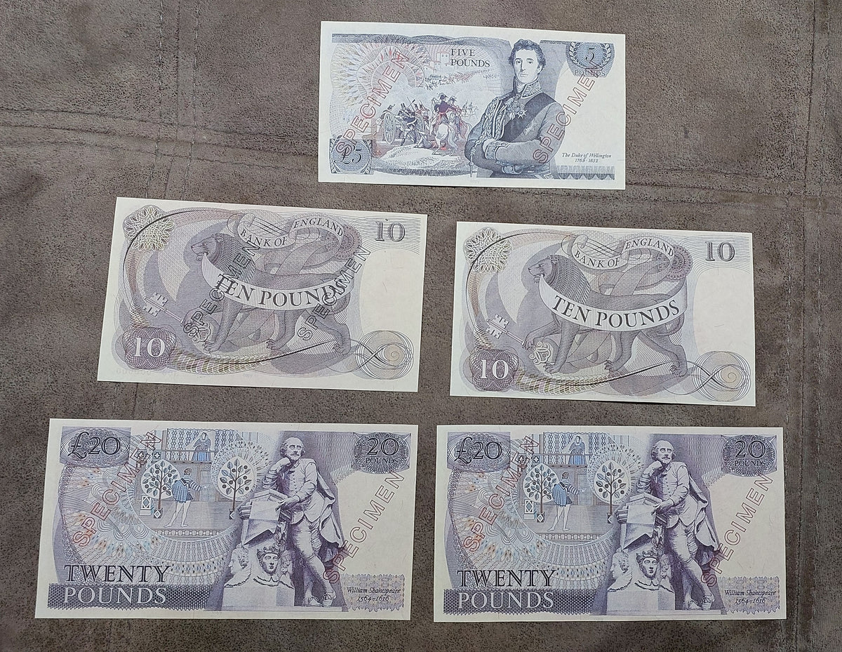 Four-note layout (quartet) comparing obverse and reverse side artwork for higher-value 10 and 20 Pound Specimen notes (Kentfield and Somerset signatures)