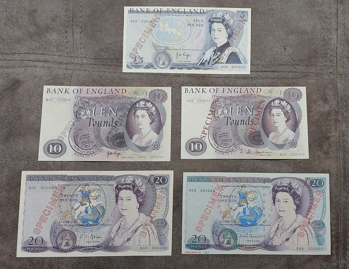 Four-note grid layout (quartet) displaying obverse designs across 10 Pound issues, including Hollom, Page, and Somerset varieties