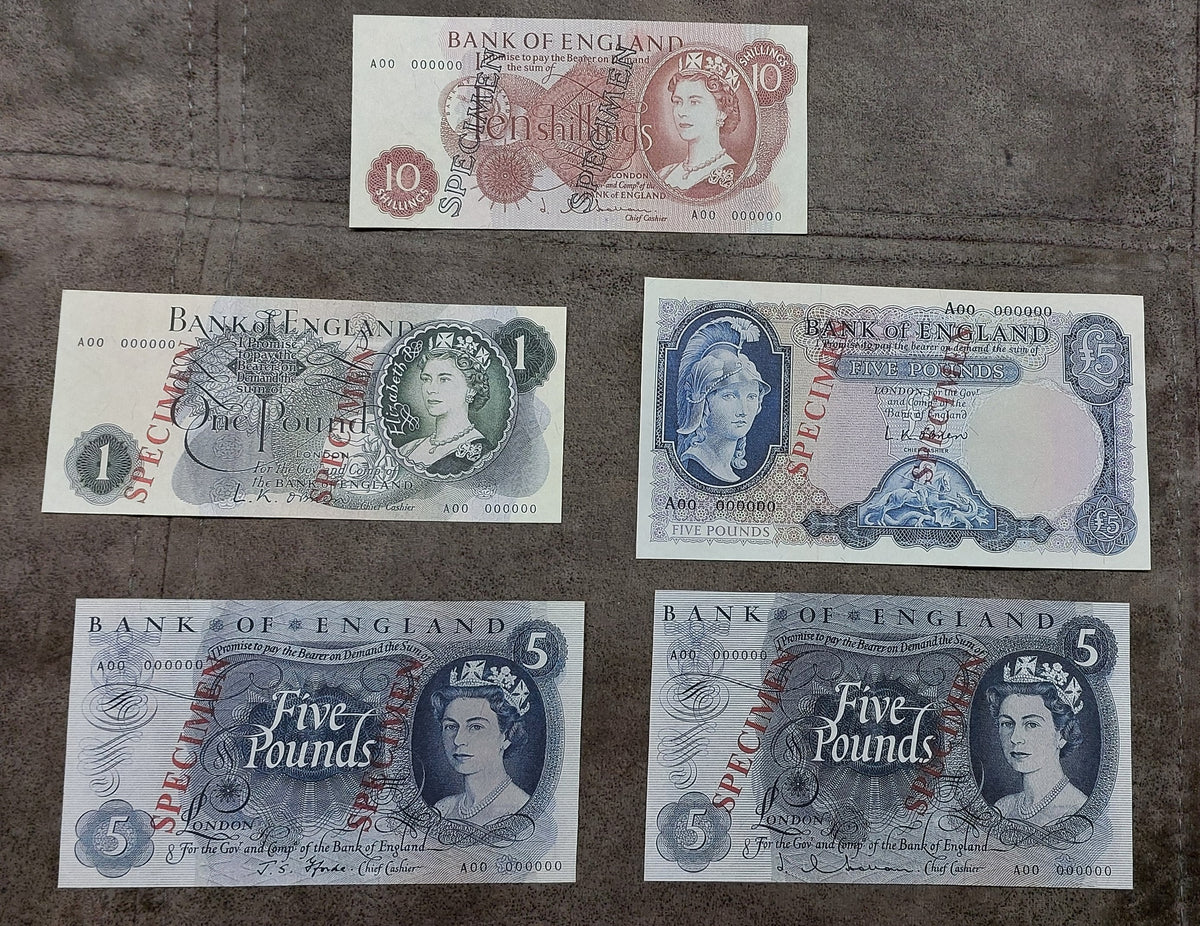 Overview grid showcasing the 10 Shillings (1962) and 1 Pound notes (1961–1981) featuring O'Brien, Page, and Somerset signature varieties