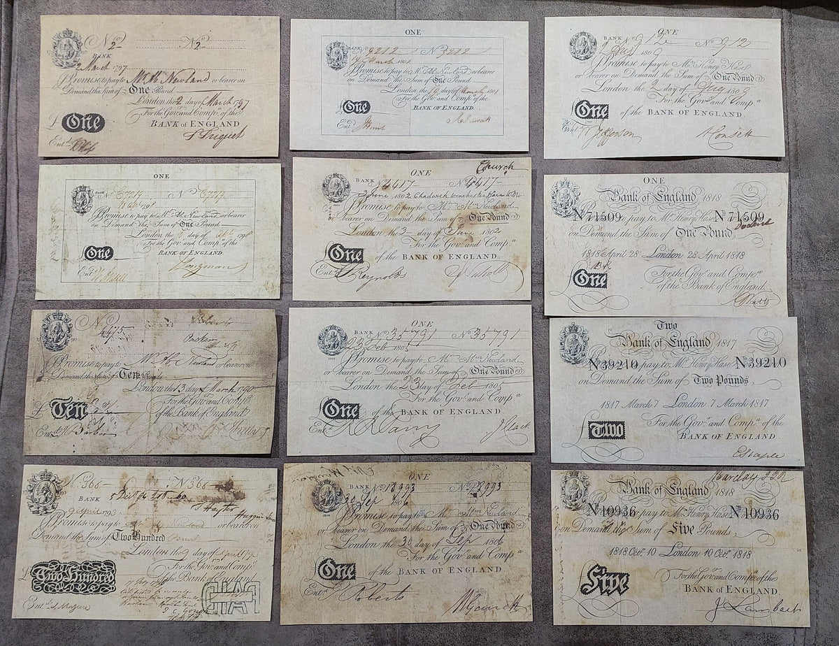 Comprehensive Bank of England 1790-1818 paper money collection. This exceptional 12-piece numismatic lot showcases rare Georgian-era promissory notes spanning the late 18th and early 19th centuries. Includes iconic early George III issues such as the 1797 and 1798 1 Pound notes, 1790 10 Pounds, and the highly unusual 1793 200 Pounds denomination alongside later 1800s varieties. Each piece showcases historical black-and-white copperplate printing, the classic Britannia vignette seated in a decorative border,