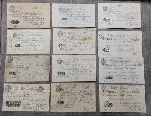 Comprehensive Bank of England 1790-1818 paper money collection. This exceptional 12-piece numismatic lot showcases rare Georgian-era promissory notes spanning the late 18th and early 19th centuries. Includes iconic early George III issues such as the 1797 and 1798 1 Pound notes, 1790 10 Pounds, and the highly unusual 1793 200 Pounds denomination alongside later 1800s varieties. Each piece showcases historical black-and-white copperplate printing, the classic Britannia vignette seated in a decorative border,