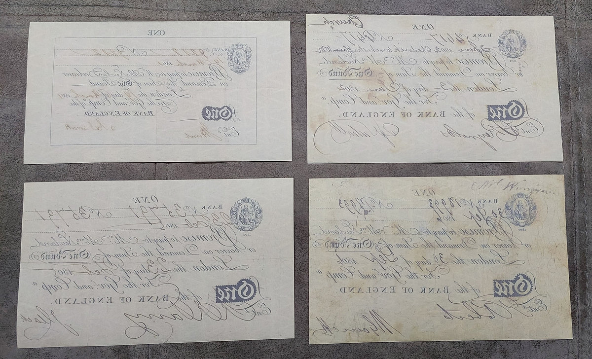 Reverse angles of early 1800s uniface Bank of England notes, highlighting historical paper wear variations, vintage numismatic aging, and intricate background anti-counterfeiting watermark placements.