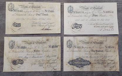 Obverse views of Bank of England 1825 to 1835 issues, showcasing rare high-denomination layouts including the 50 Pounds and 100 Pounds varieties. Features exquisite line-engraved calligraphy script borders and early London treasury stamps.