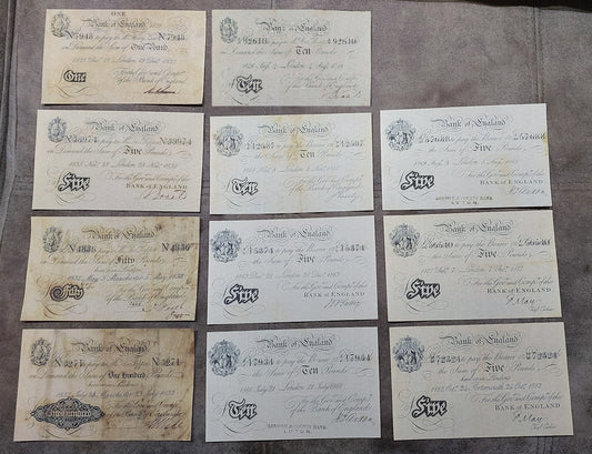 Comprehensive Bank of England 1825-1882 historical paper money collection. This premium 11-piece numismatic treasury lot features the iconic classic British 'White Notes' spanning the late Georgian era to the peak of the Victorian period. Includes highly sought-after denominations: 1825 1 Pound, 1835 5 Pounds, 1832 50 Pounds, 1832 100 Pounds, alongside various mid-to-late Victorian 5 Pounds and 10 Pounds issues (1846-1882). Each note exhibits traditional monochrome copperplate typography, the famous seated 