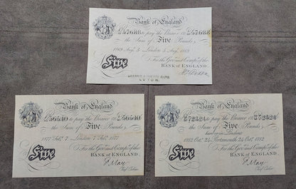 Late Victorian era Bank of England 5 Pounds and 10 Pounds white notes issued between 1868 and 1882. Displays the transition into highly standardized security printing, crisp serial number numbering fonts, and clean layout geometry.