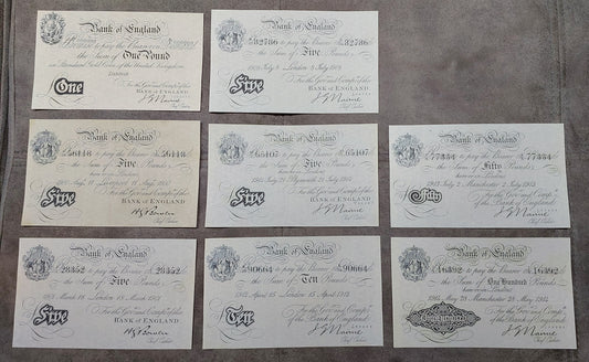 Full lot overview displaying all 8 historical Bank of England White Notes (1900–1917) arranged in a structured multi-row grid layout