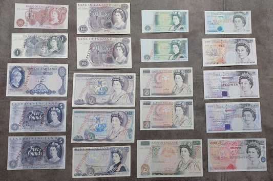 Complete lot overview displaying the entire collection of Bank of England Specimen banknotes (1961–1994) arranged in a comprehensive multi-row grid