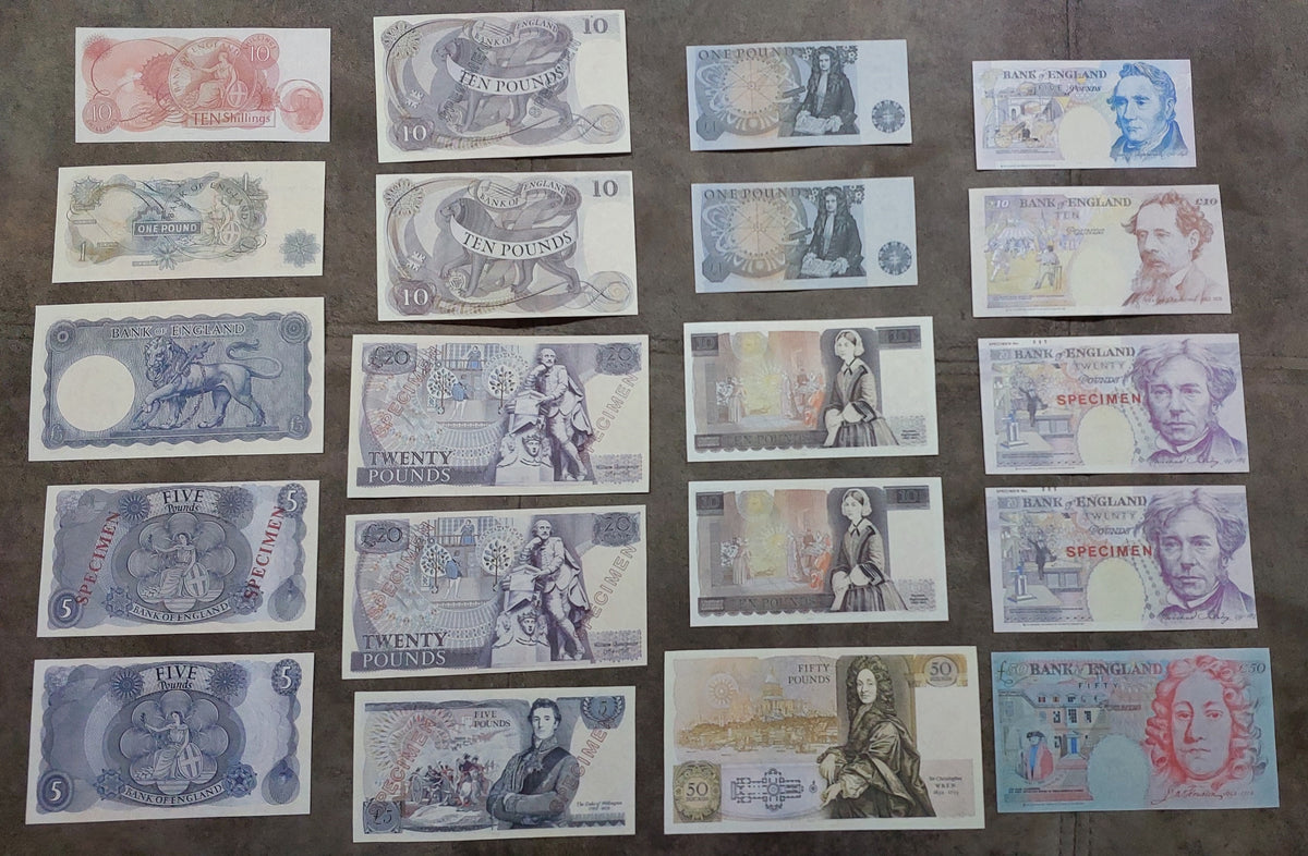 Complete lot overview displaying the entire collection of Bank of England Specimen banknotes (1961–1994) arranged in a comprehensive multi-row grid back