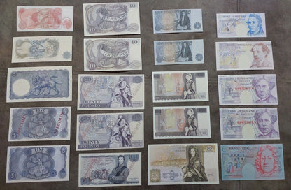 Complete lot overview displaying the entire collection of Bank of England Specimen banknotes (1961–1994) arranged in a comprehensive multi-row grid back