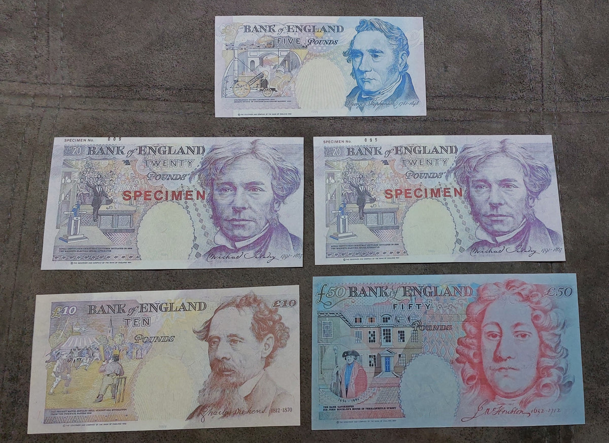 Four-note grid layout (quartet) featuring high-denomination 20 and 50 Pound Specimen issues, highlighting color schemes and security borders