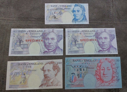 Four-note grid layout (quartet) featuring high-denomination 20 and 50 Pound Specimen issues, highlighting color schemes and security borders