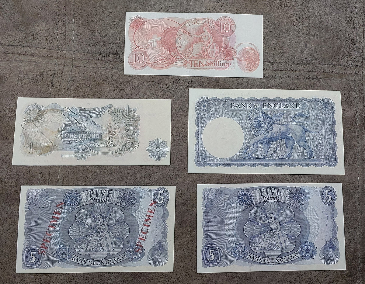 Four-note grid layout (quartet) featuring front/obverse views of the 5 Pound issues spanning Hollom, Fforde, Page, and Gill Cashier signatures