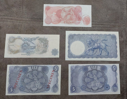 Four-note grid layout (quartet) featuring front/obverse views of the 5 Pound issues spanning Hollom, Fforde, Page, and Gill Cashier signatures