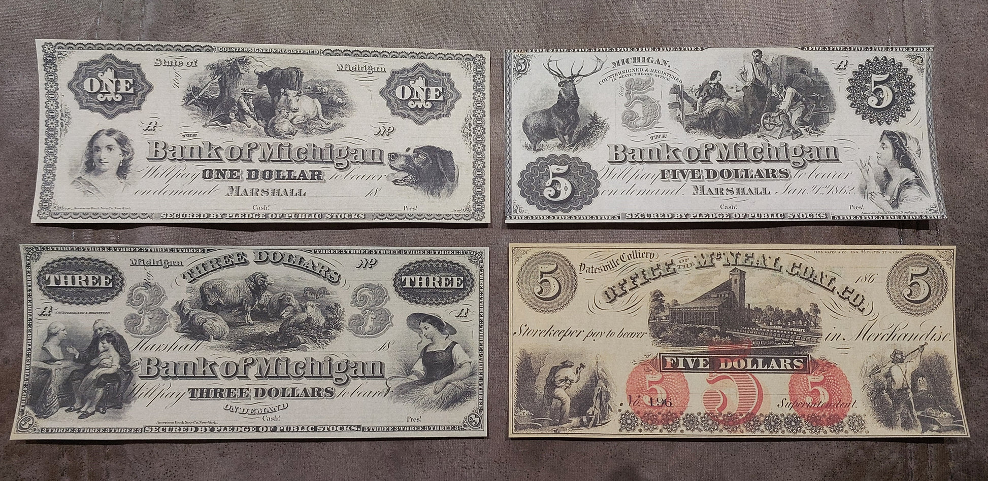 Bank of Michigan 1, 3 & 5 Dollar with Office of McNEAL COAL CO 5 Dollar obsolete notes front