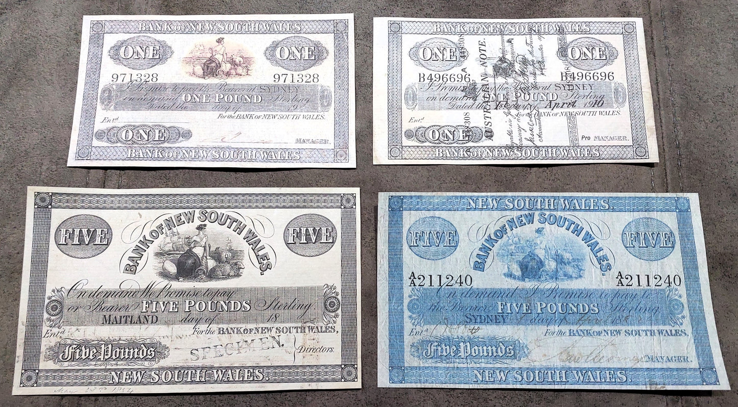 Bank of New South Wales 1 Pound 1903, 1910 and 5 Pound 1854, 1882 Specimen Notes