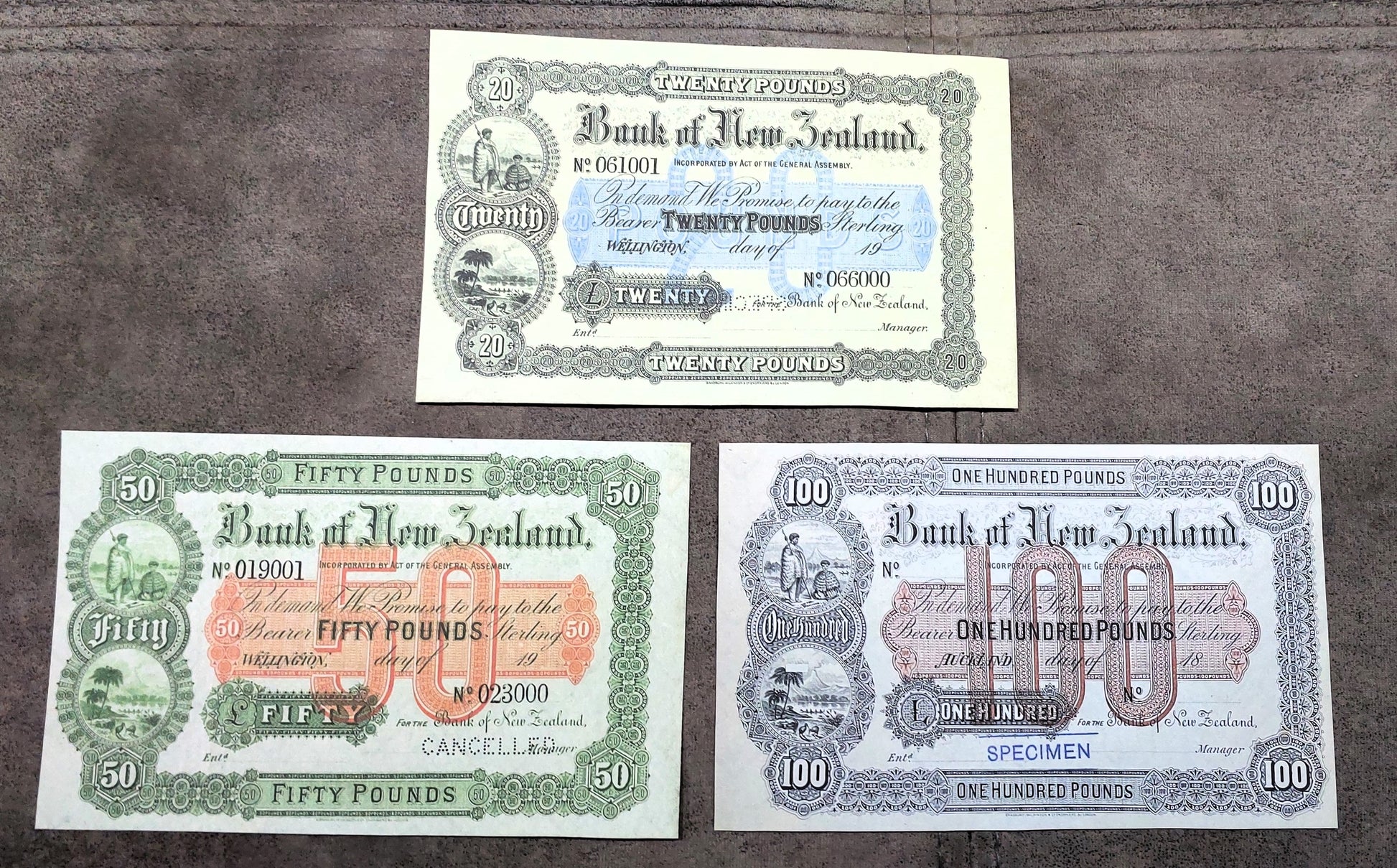 Bank of New Zealand High Denomination 20 Pound 1920 and 50 Pound 1921 Specimen Notes