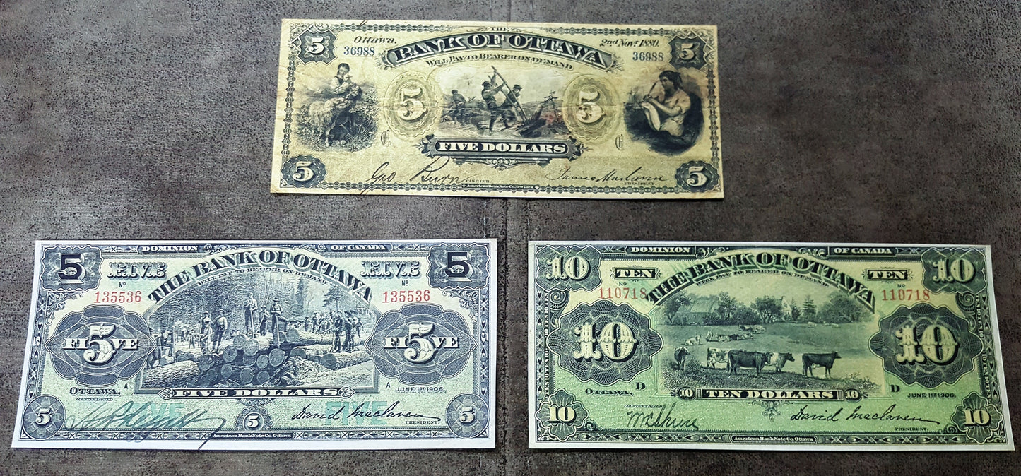 Bank of Ottawa 5 and 10 Dollar 1880, 1906 and 1913 Series Specimen Notes