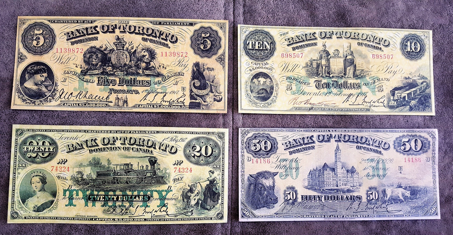 Bank of Toronto 5, 10, 20 and 50 Dollar 1917 Series Numismatic Banknotes