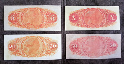 Bank of Toronto 5, 10 , 20 and 50 Dollar 1917 Archival Specimen Notes Back