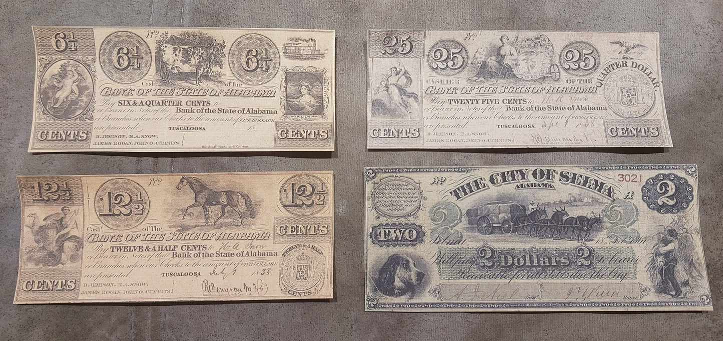 Bank of the State of Alabama 6 1/4 Cent & 12 1/2 Cent 1838 obsolete notes front