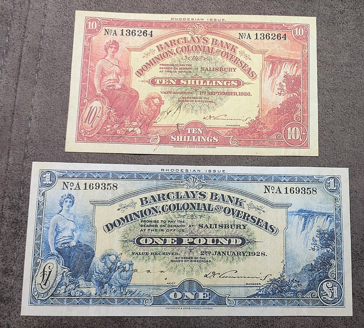 Two-note stacked layout (pair) featuring front/obverse views of the early Barclays Bank (Dominion, Colonial & Overseas) 10 Shillings and 1 Pound notes.
