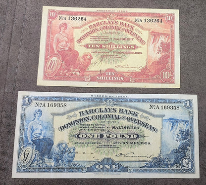 Two-note stacked layout (pair) featuring front/obverse views of the early Barclays Bank (Dominion, Colonial & Overseas) 10 Shillings and 1 Pound notes.