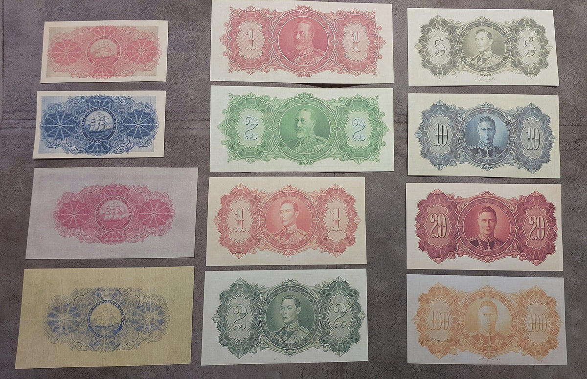 Full lot overview showing all 12 historical British Guiana Dollar banknotes (1916–1952) displayed together back