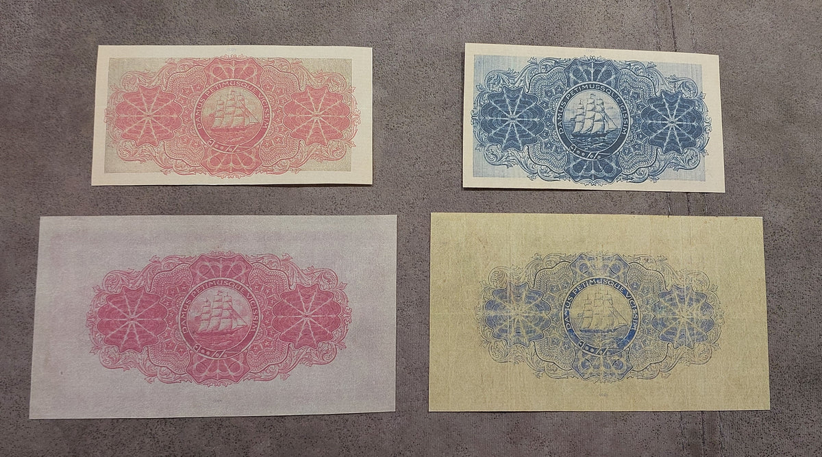 Group of 4 banknotes (quartet) showing the reverse side artwork and details of the 1918 and 1920 series notes.