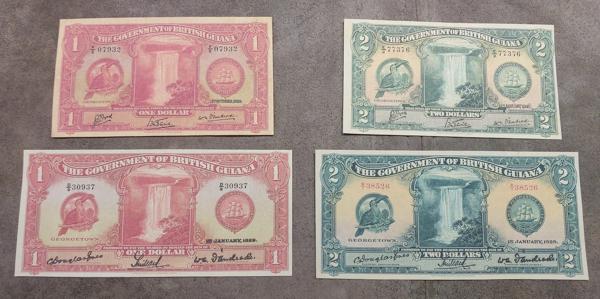Group of 4 banknotes (quartet) featuring front/obverse views of the 1929 big-size ($1, $2), 1938 ($1), and 1942 ($2) notes.
