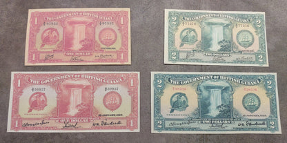 Group of 4 banknotes (quartet) featuring front/obverse views of the 1929 big-size ($1, $2), 1938 ($1), and 1942 ($2) notes.