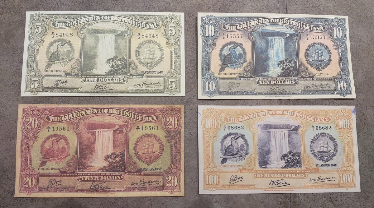 British Guiana 1942 High Denomination Quartet - $5, $10, $20, $100 Obverse