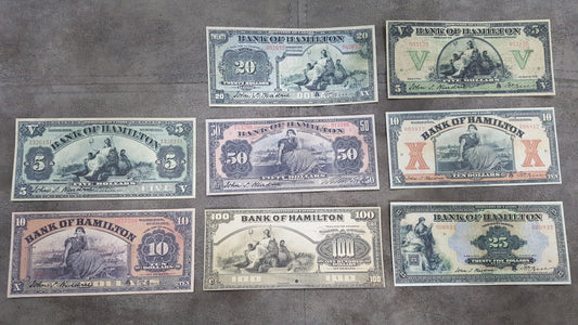 High-resolution archival facsimile of Canada 1914-1922 Bank of Hamilton chartered currency showing detailed intaglio-style engraving patterns and counterfeit-prevention watermark.