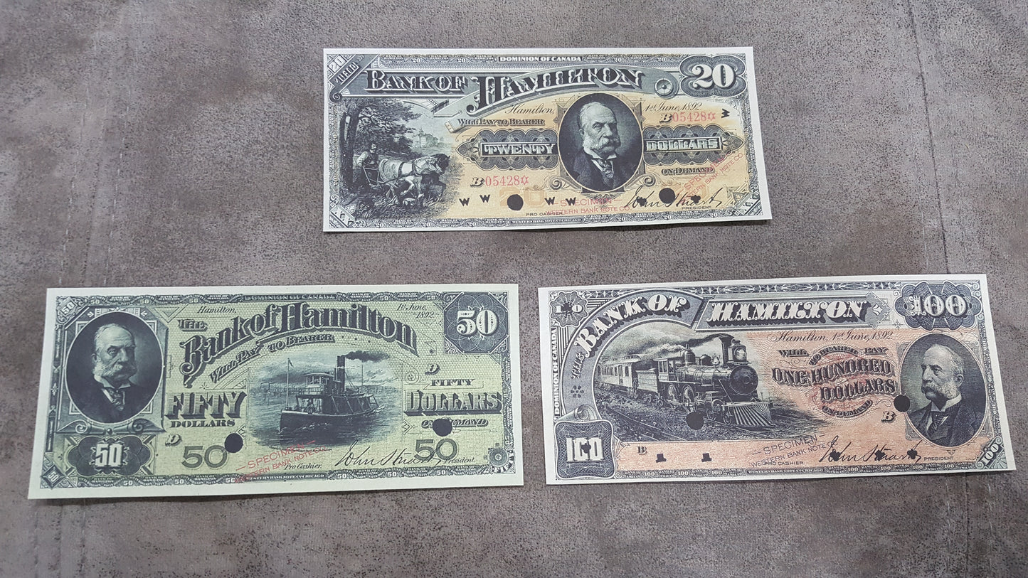 Canada Bank of Hamilton 1892 Series 20, 50 and 100 Dollar High Denomination Specimen Notes