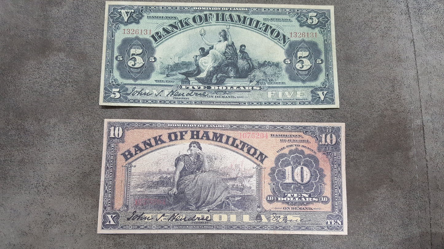 Canada Bank of Hamilton 5 Dollar 1914, 10 Dollar 1914 and 20 Dollar 1914 Notes