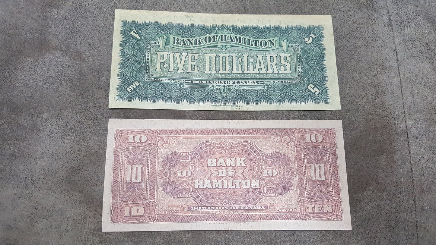 Canada Bank of Hamilton 5, 10 and 20 Dollar 1914 Currency Notes Back Side