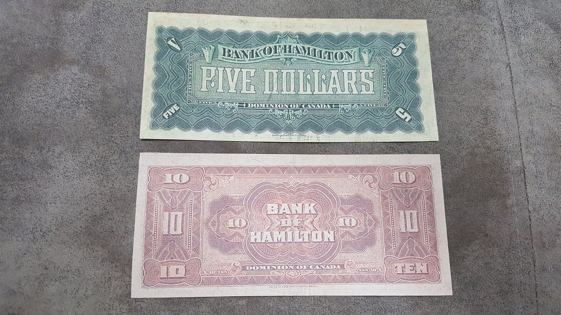 Canada Bank of Hamilton 5, 10 and 20 Dollar 1914 Currency Notes Back Side