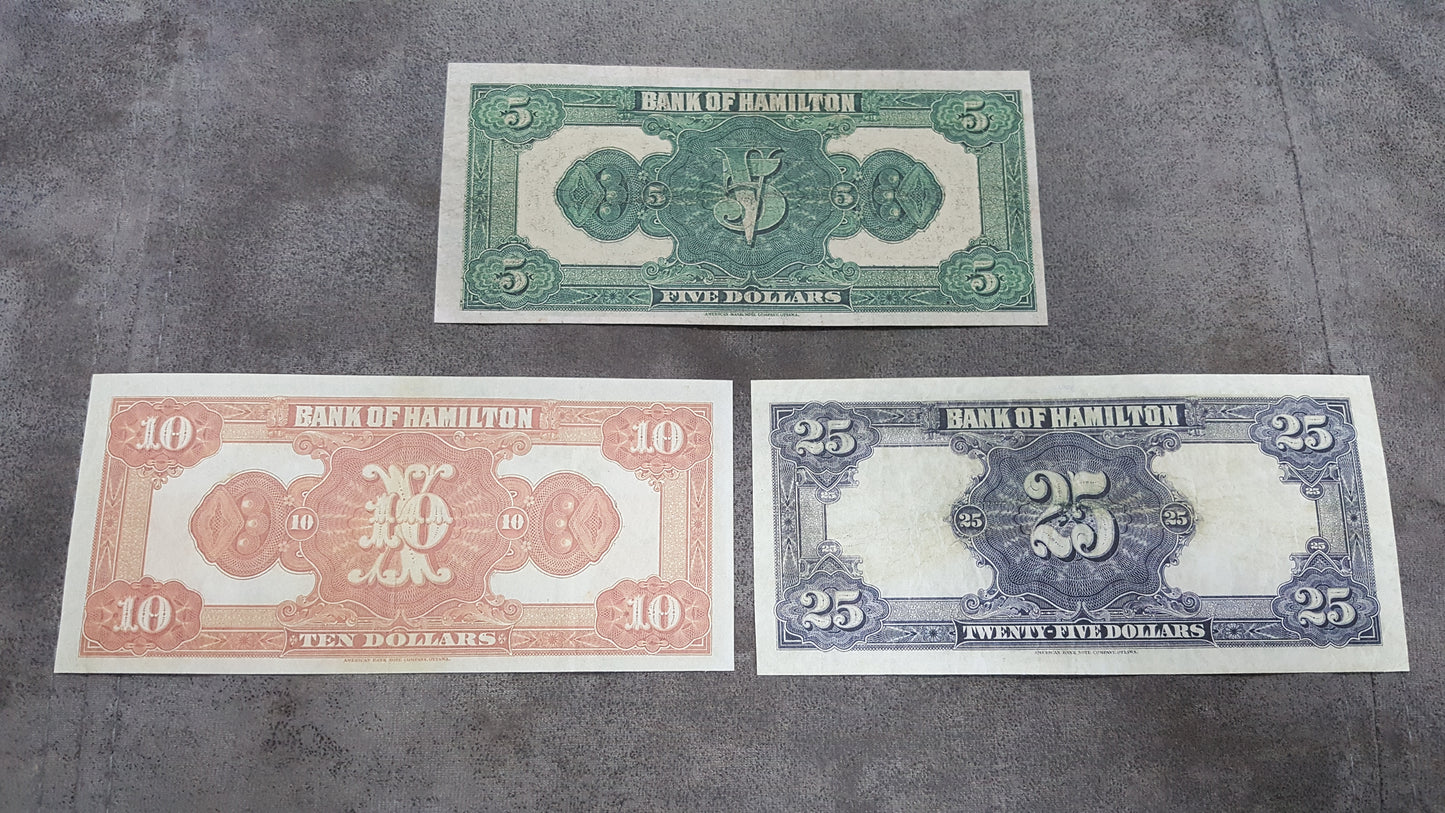 Canada Bank of Hamilton 5, 10 and 25 Dollar 1922 Historical Notes Reverse Side