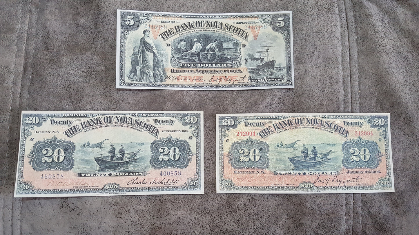 Canada Bank of Nova Scotia 1 Pound 1919 Specimen, 5 Pound 1920, 20 Dollar 1897 Specimen