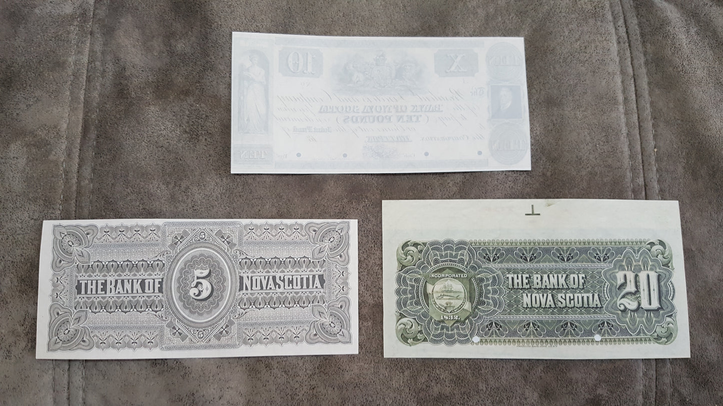 Canada Bank of Nova Scotia 10 Pound 1852, 5 Dollar 1881 1908 Notes Reverse